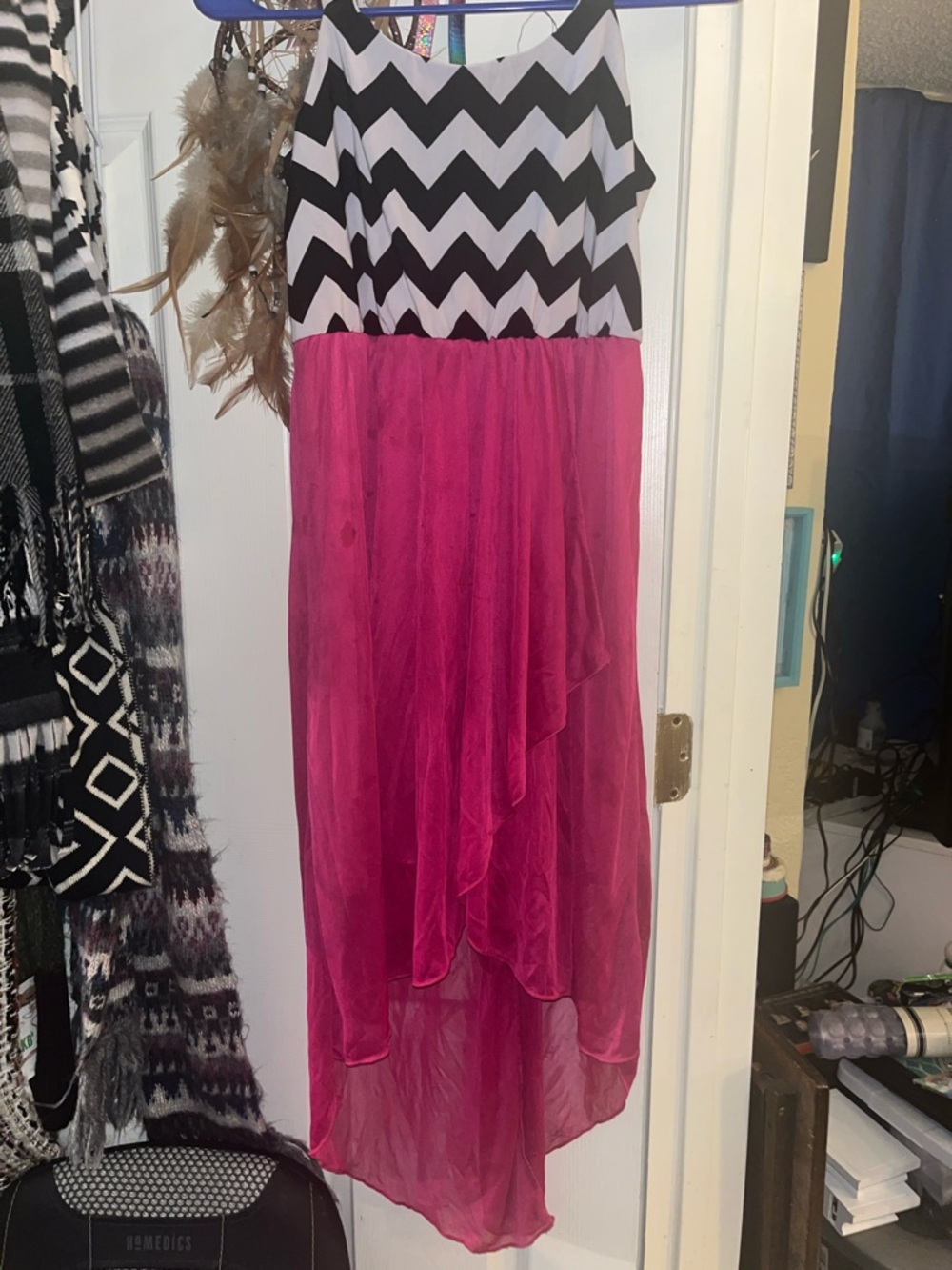 Ruby Rox Black and White Chevron Top with Pink High-Low Skirt Dress